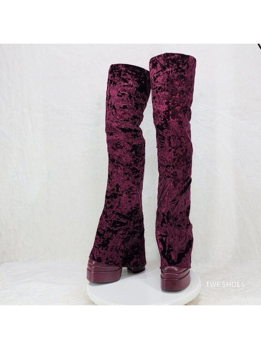 Good Will Unique Thigh High Wine Red Velvet Fold over Chunky Heel Platform Boots - Picture 5 of 10